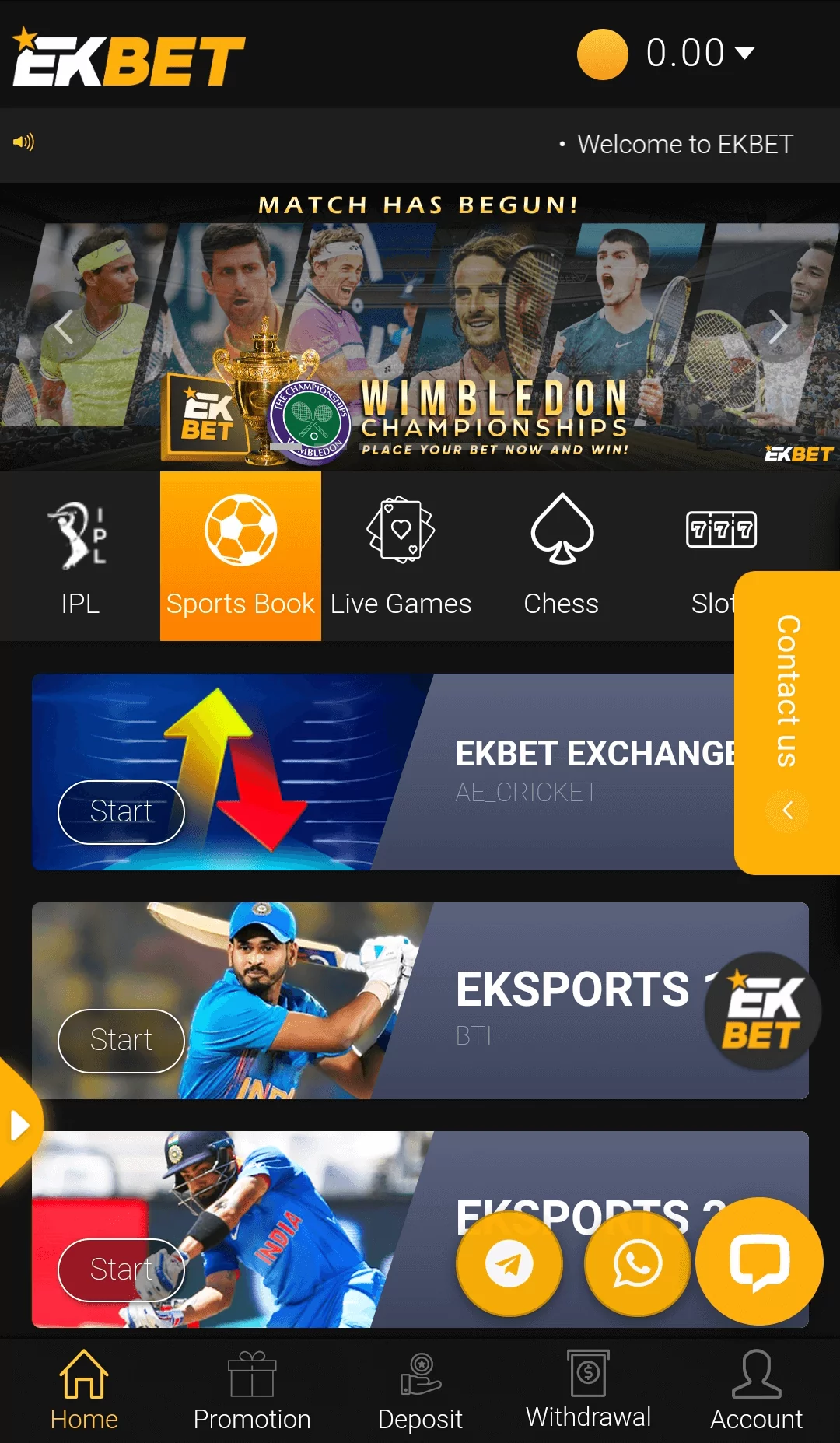 Main tab in the Ekbet app