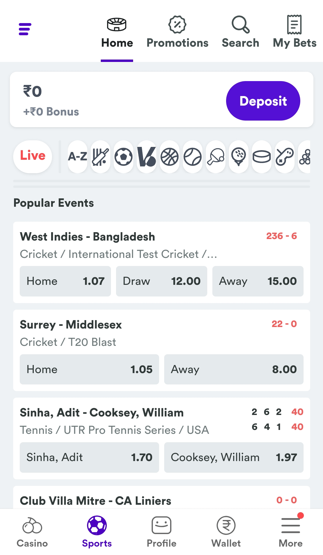 Sports betting tab in Casumo app