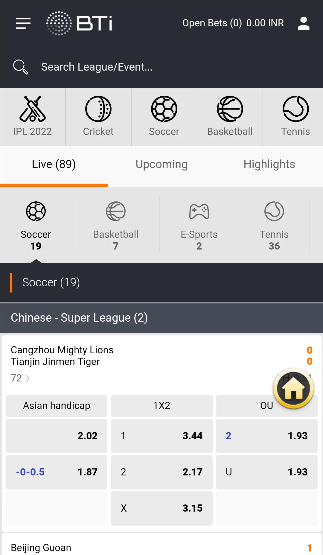 Sports betting tab in the Ekbet mobile app