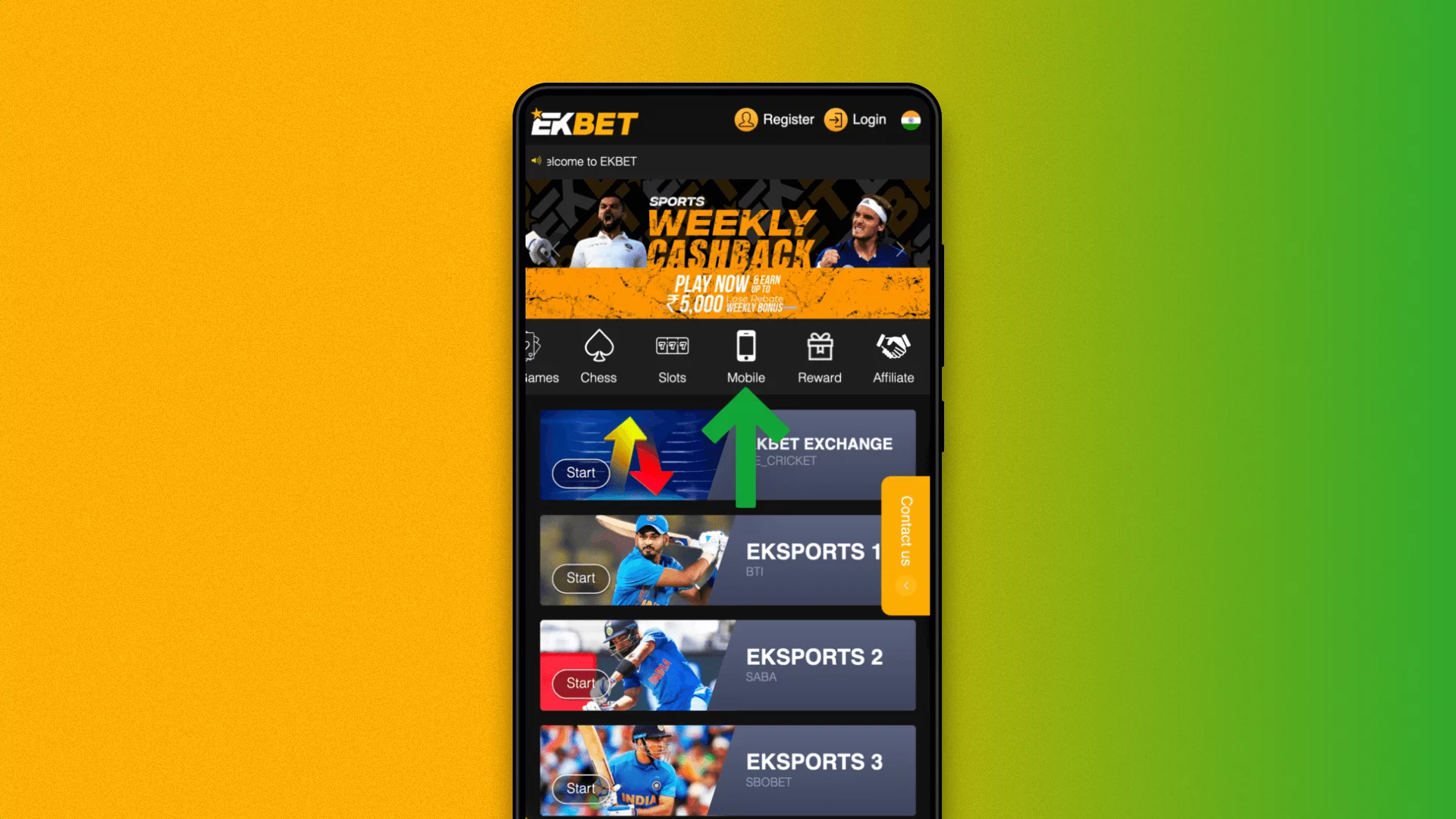 Section with mobile applications on the Ekbet website