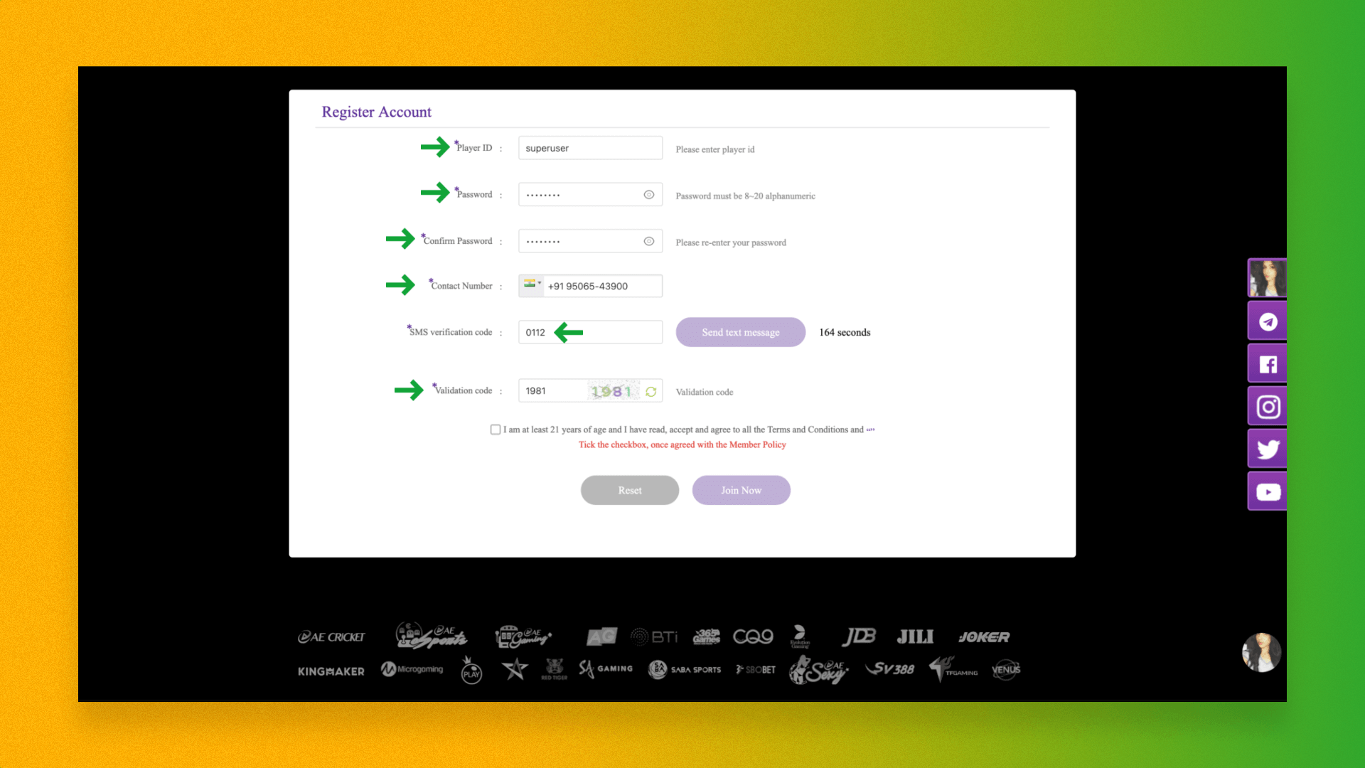 Filling in your account information in the Sona9 registration form