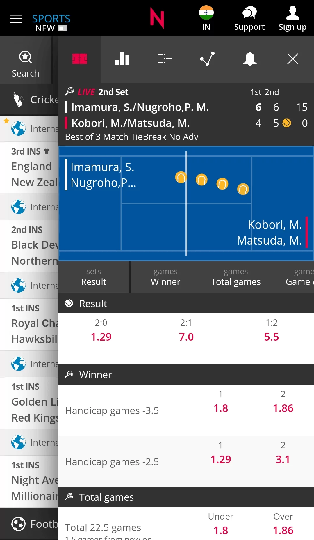 Detailed information about the selected match