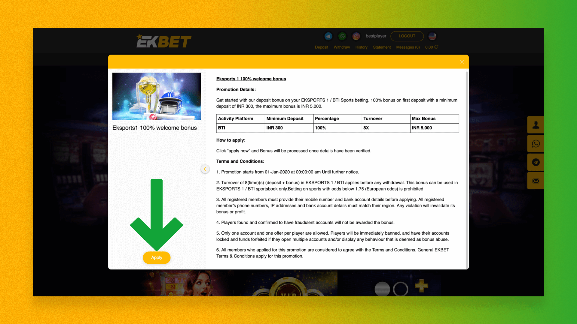 Applying the selected Ekbet bonus