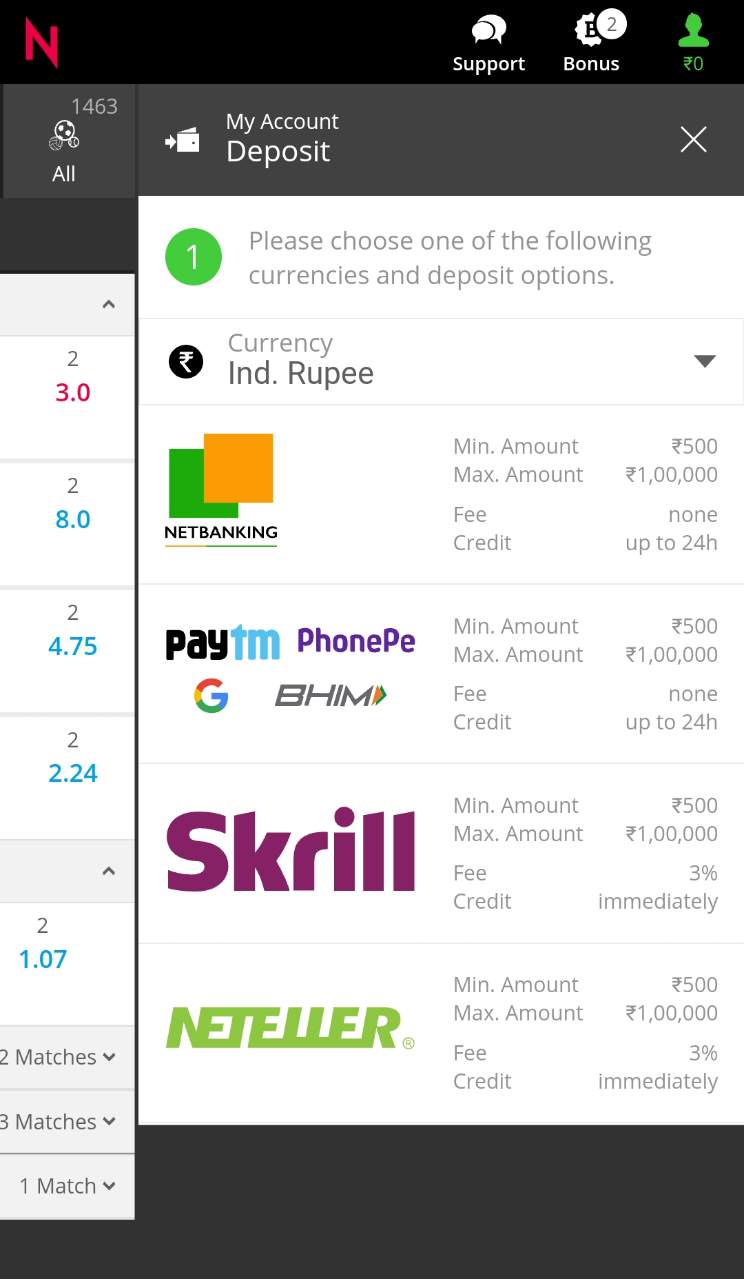 Available payment methods in the Neobet app