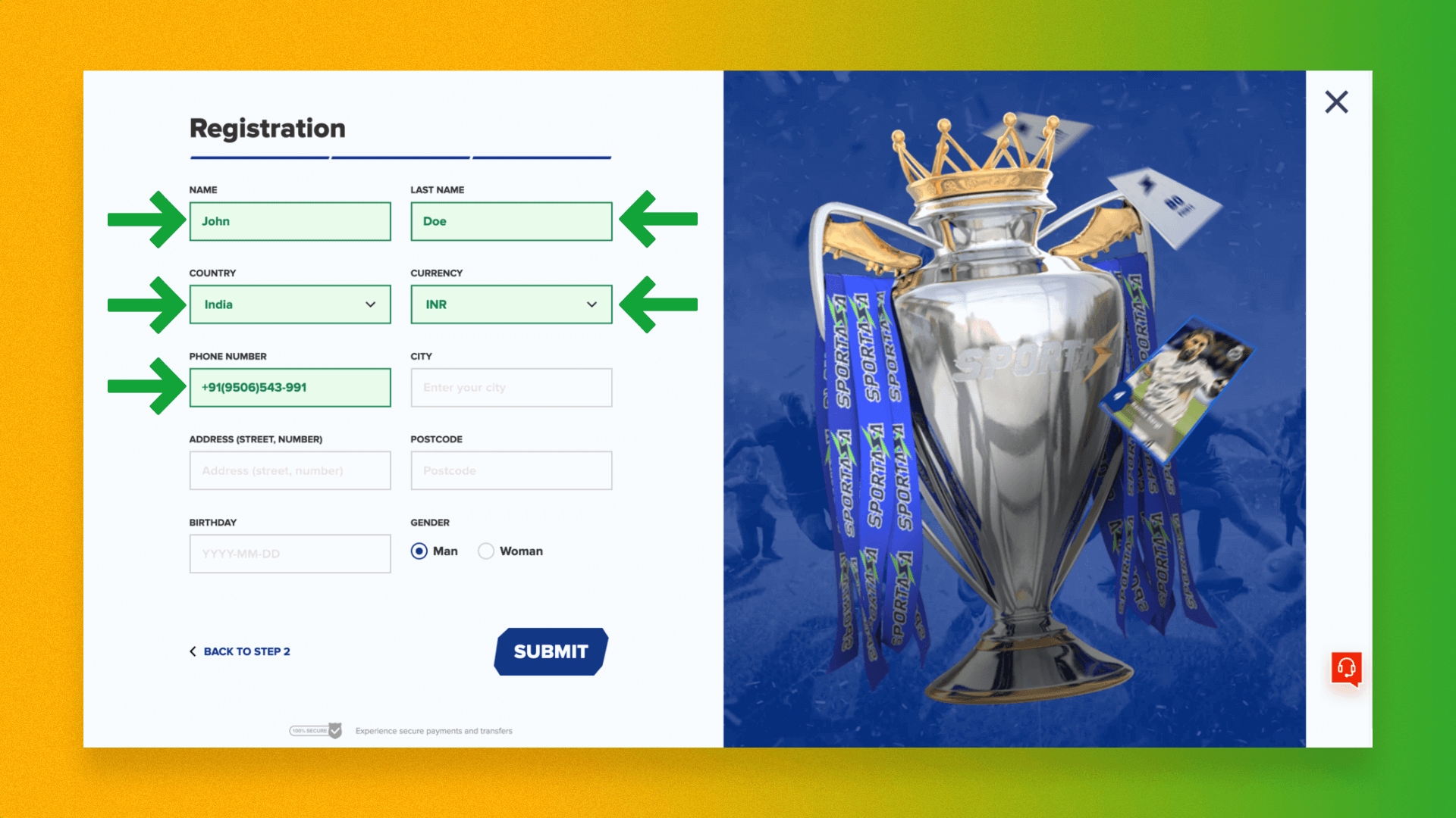 Filling out personal data in the Sportaza registration form