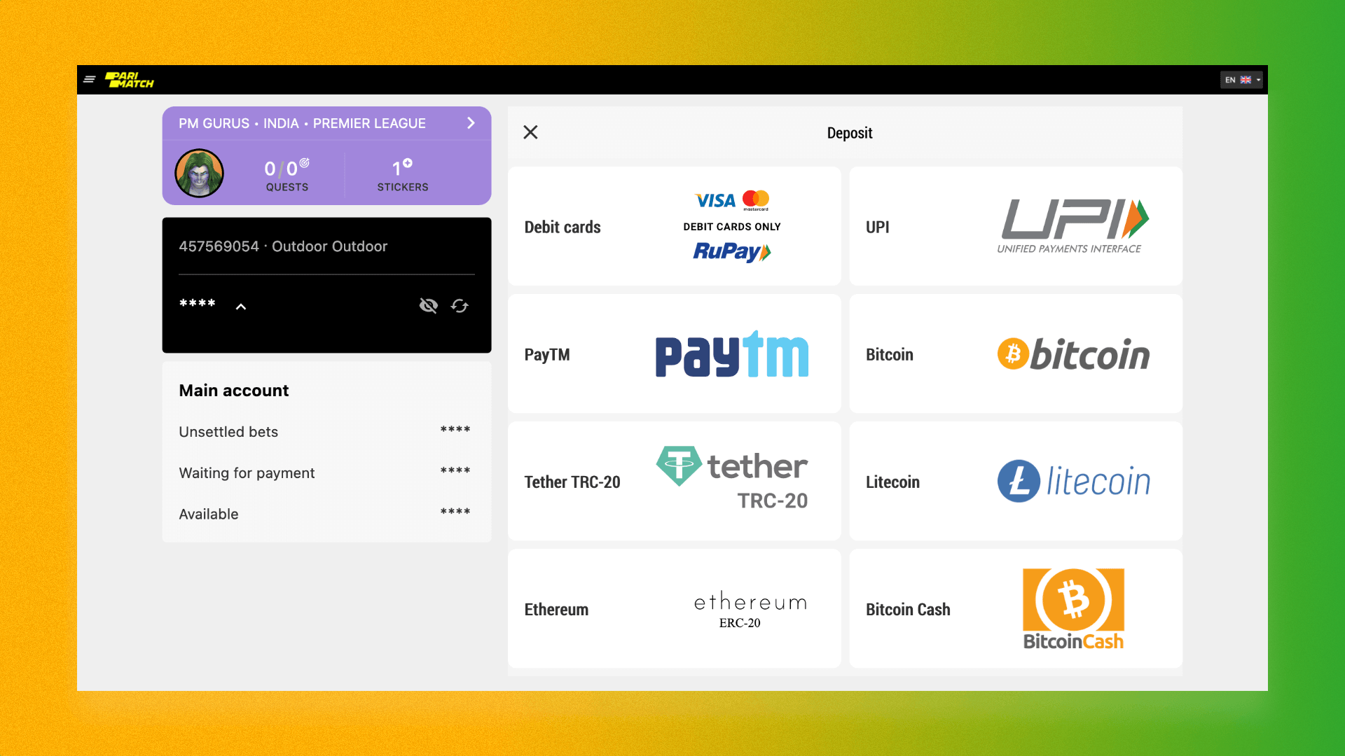 List of available payment methods on the Parimatch website in India