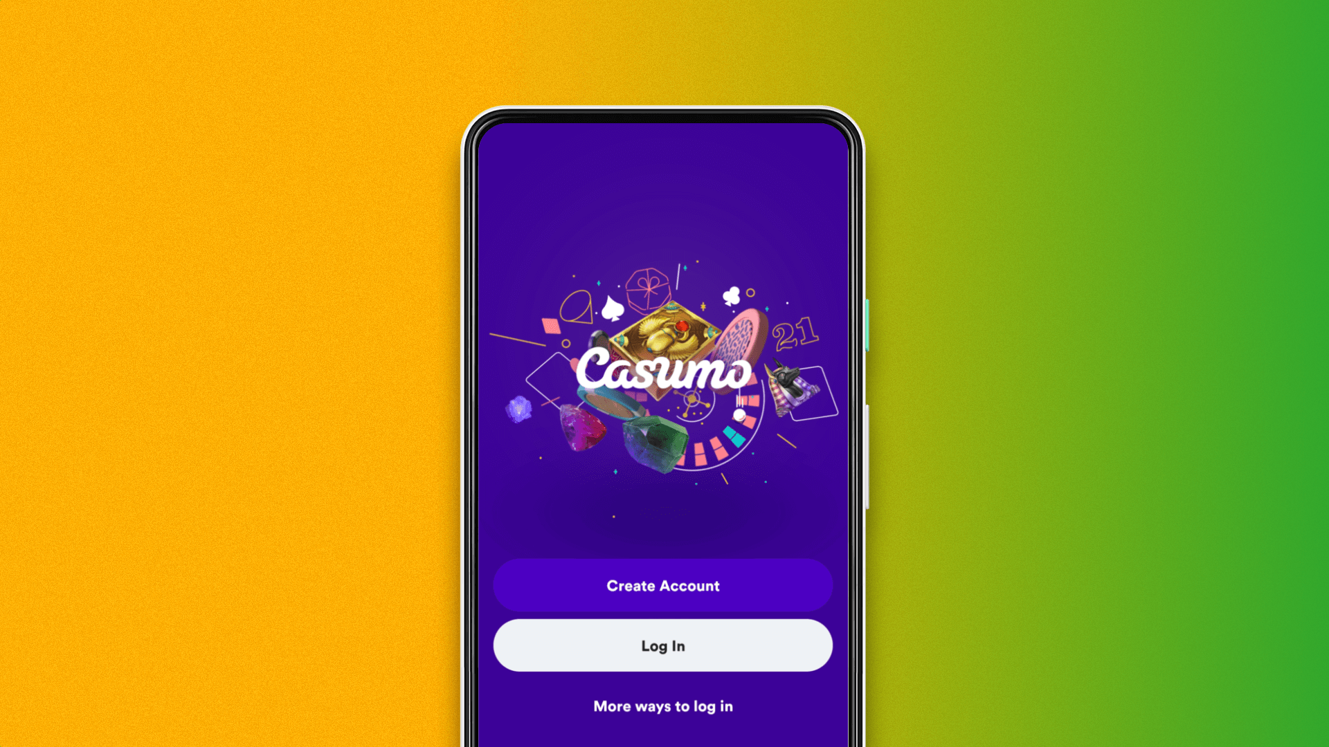 Welcome tab in the Casumo app with a login and registration button