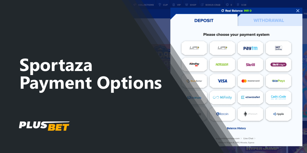 List of available payment methods for Sportaza in India