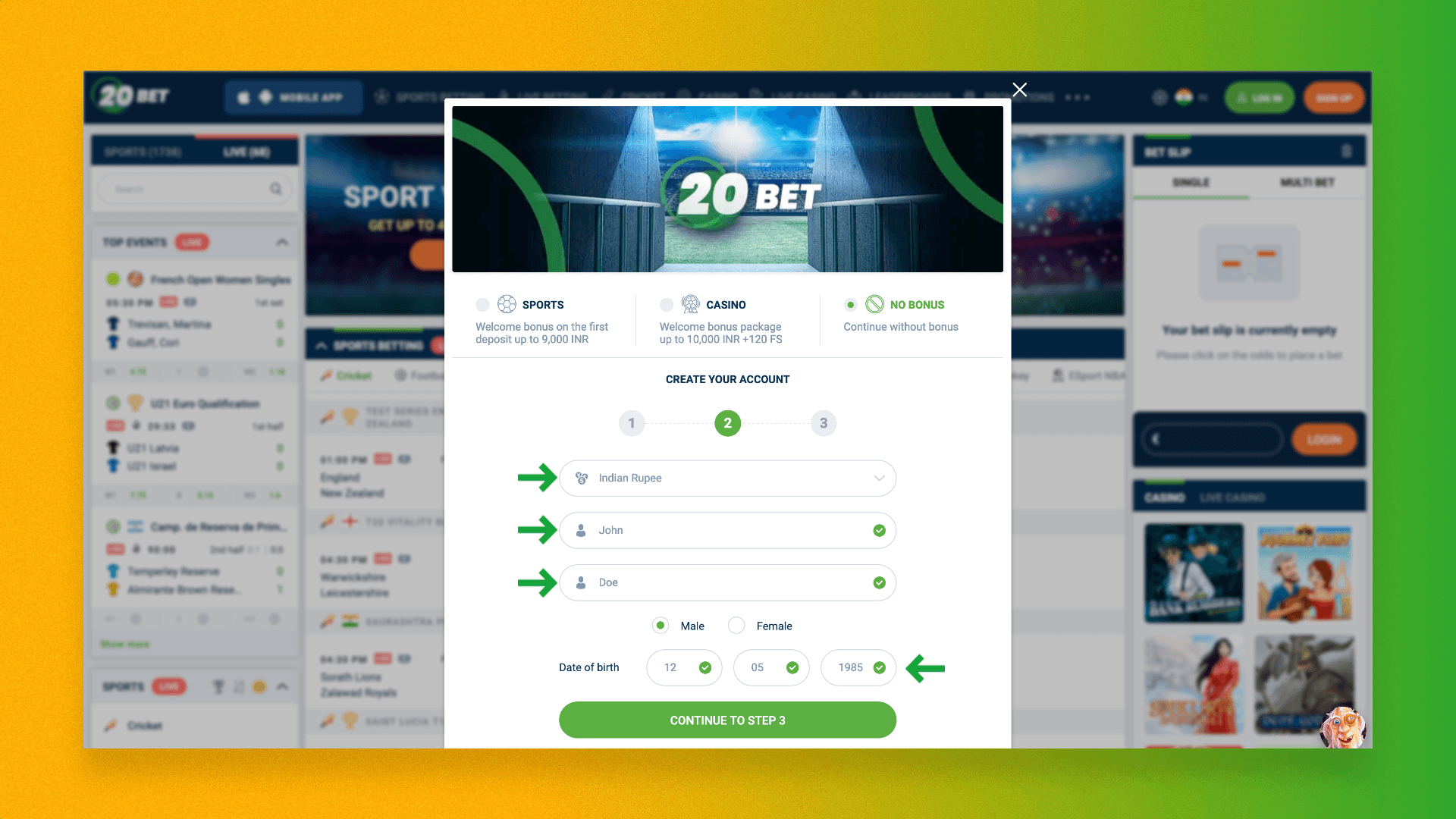 Registration form on the 20Bet official website