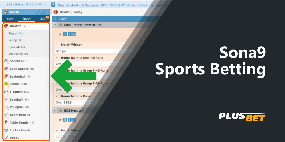 The list of sports on which clients of Sona9 can bet