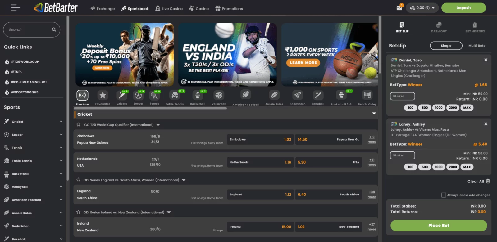 Betbarter sportsbook section