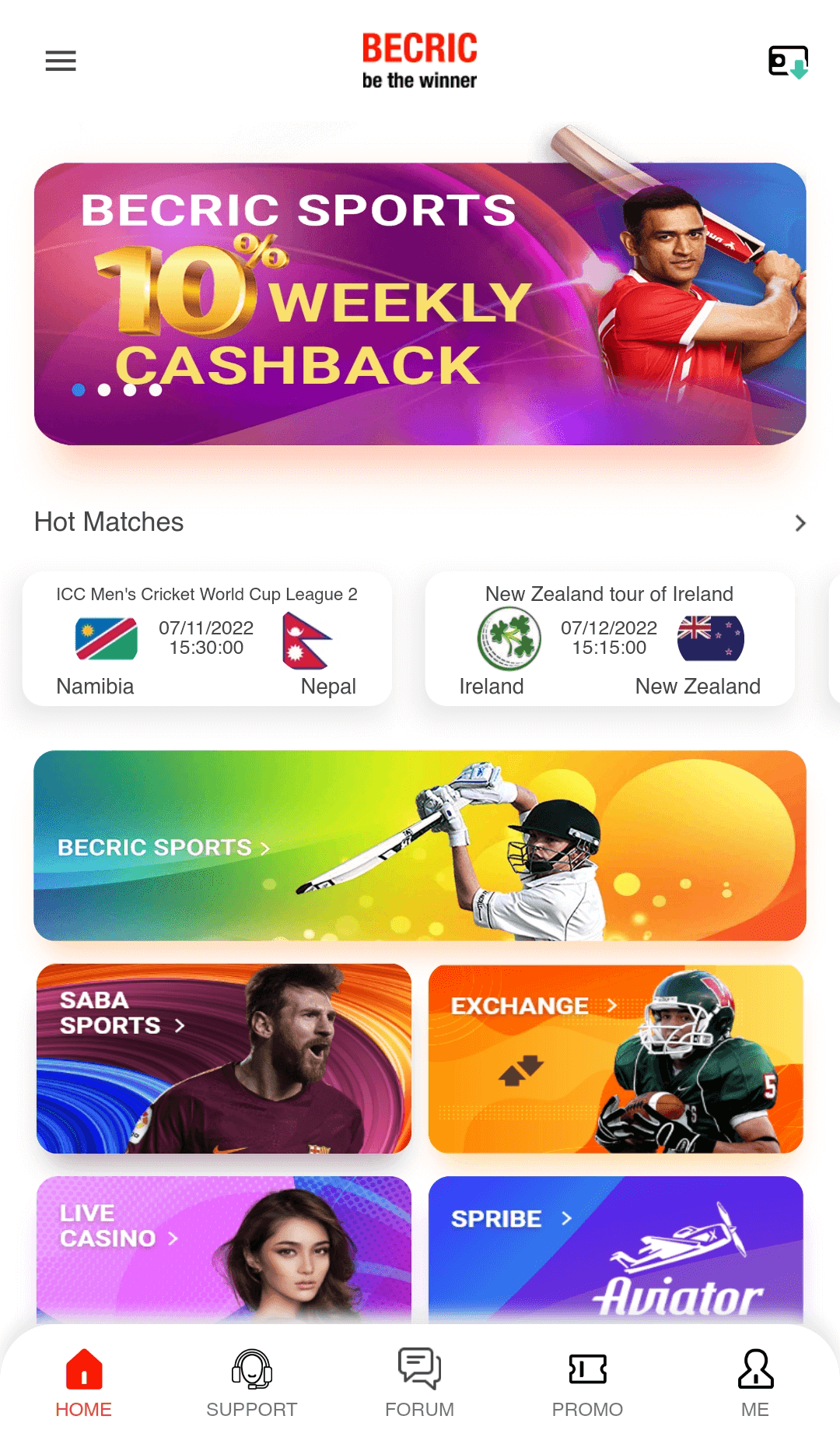 The main tab of the Becric application