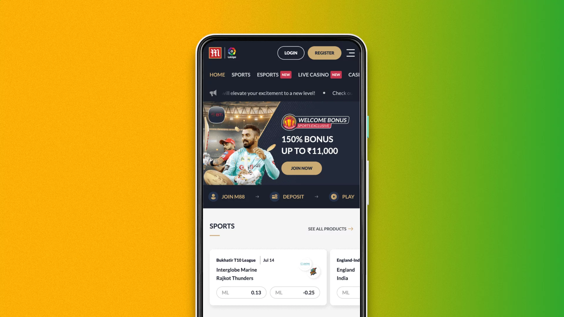 Home page of the mobile version of the M88 website