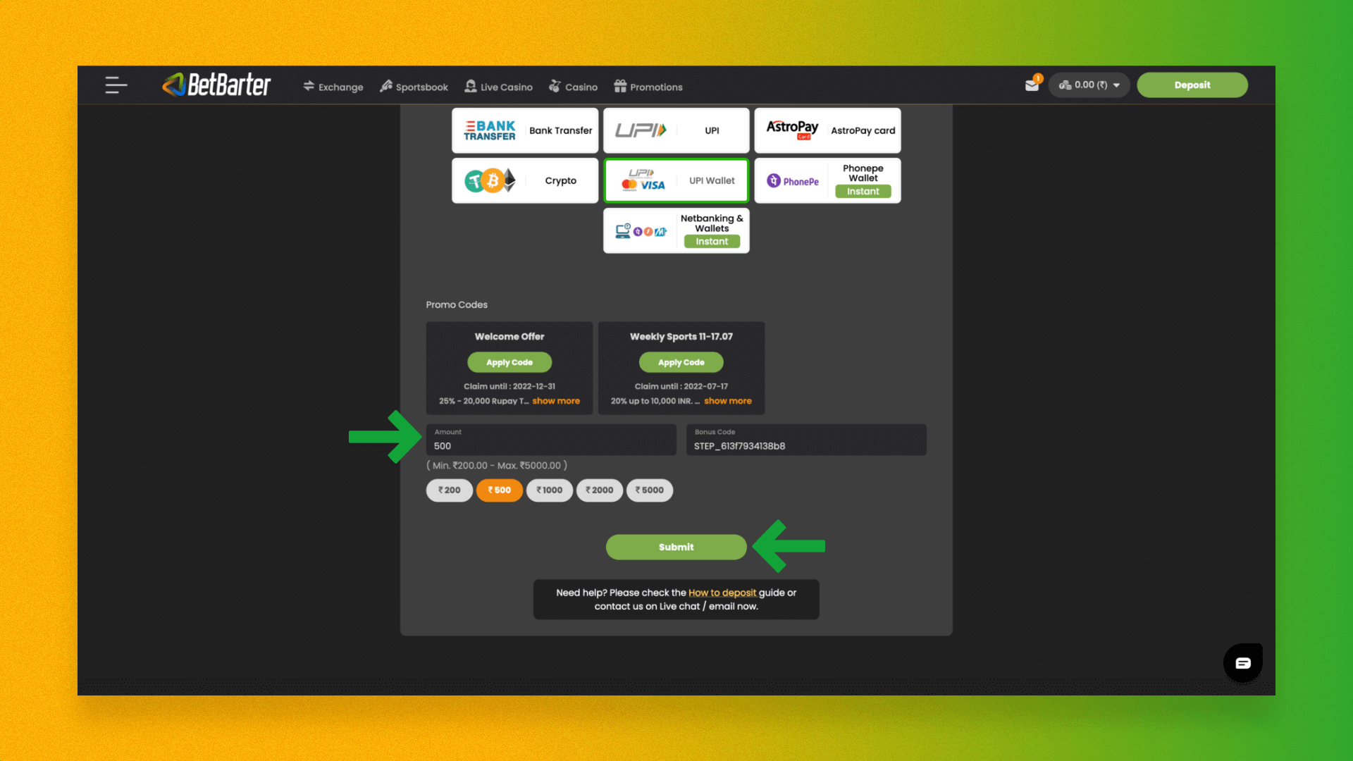 Deposit process on the Betbarter website