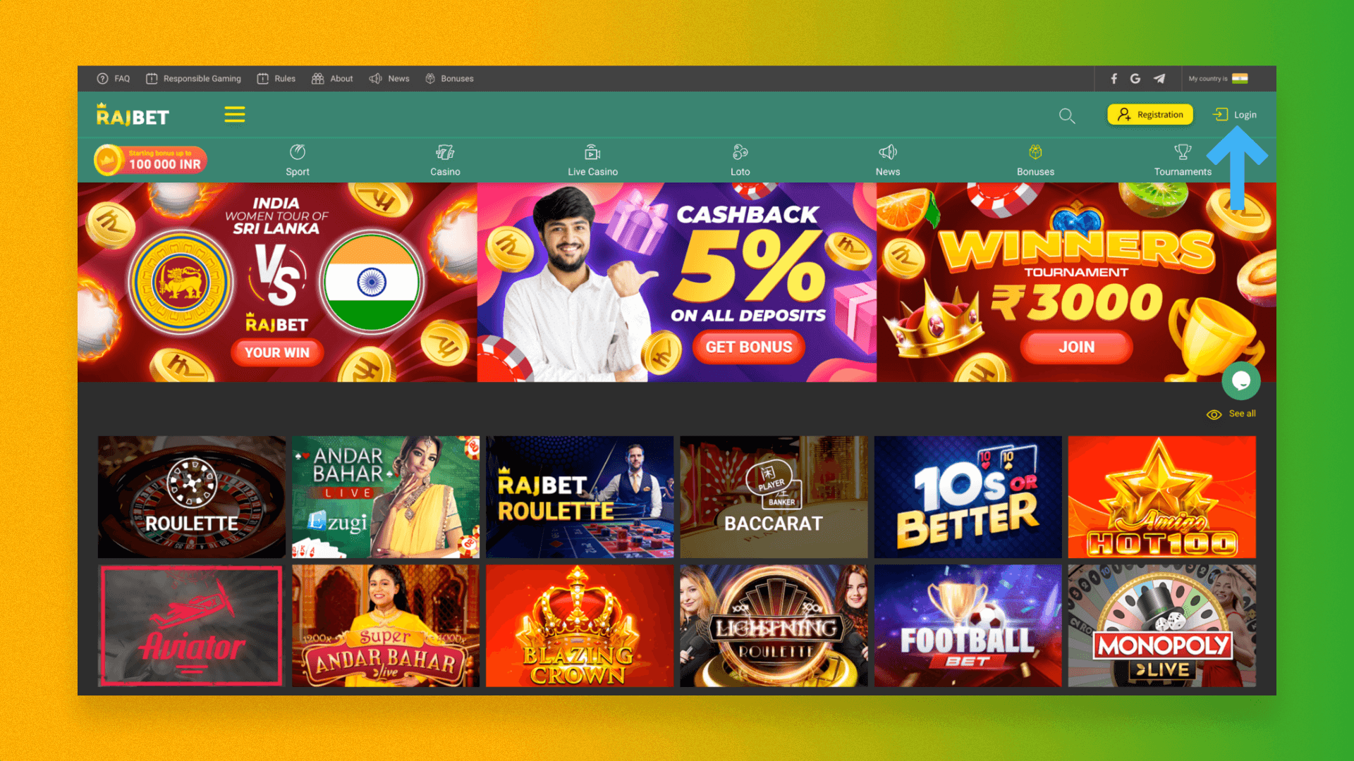 Login to Rajbet's personal account from the home page