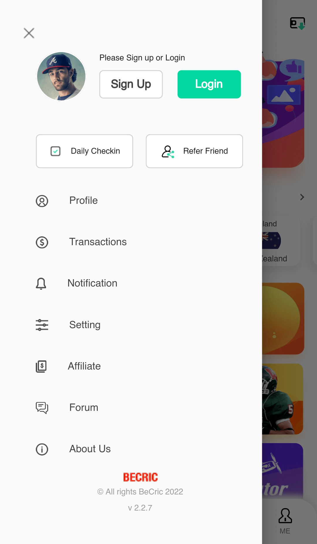 Main menu in the Becric app