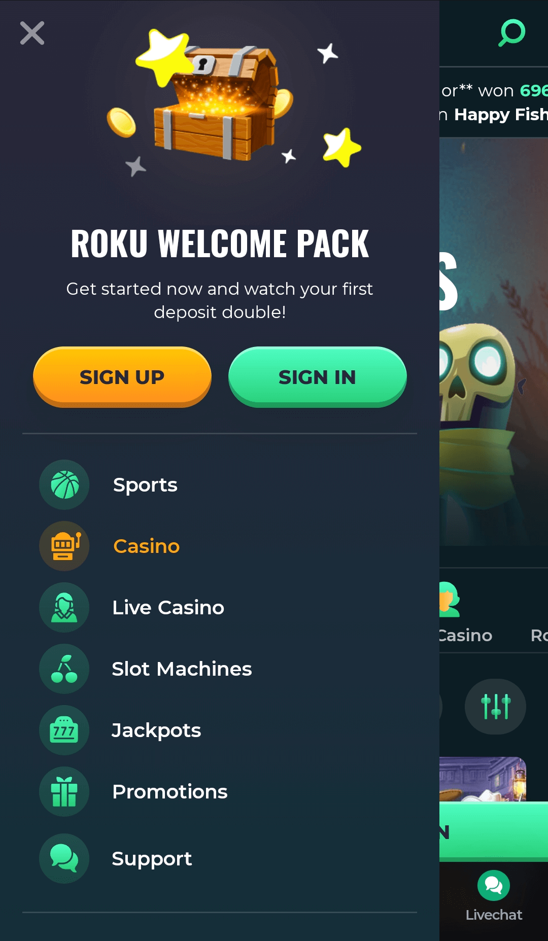 Main menu of the Rokubet application