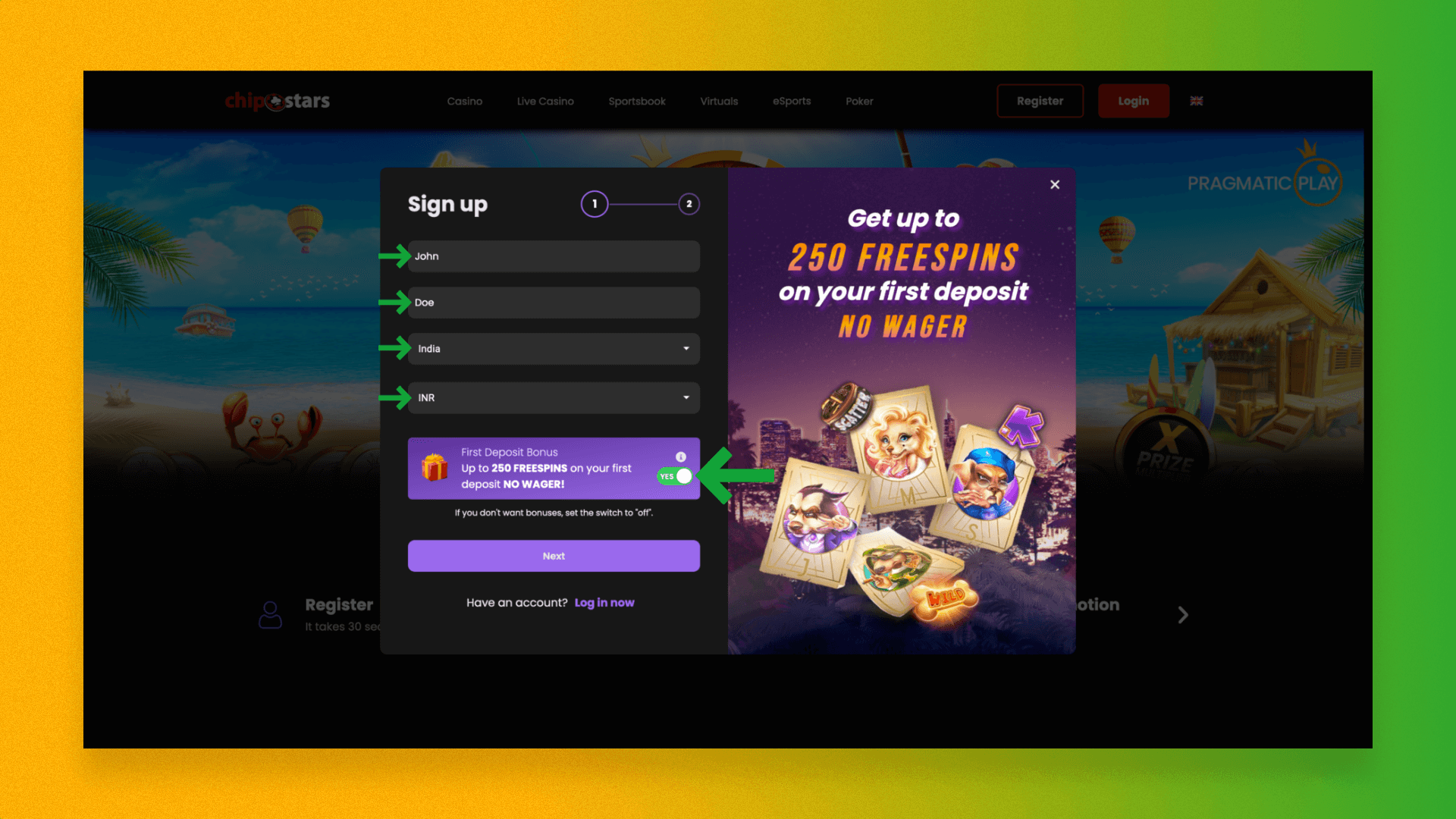 The first step of registration on the Chipstars website