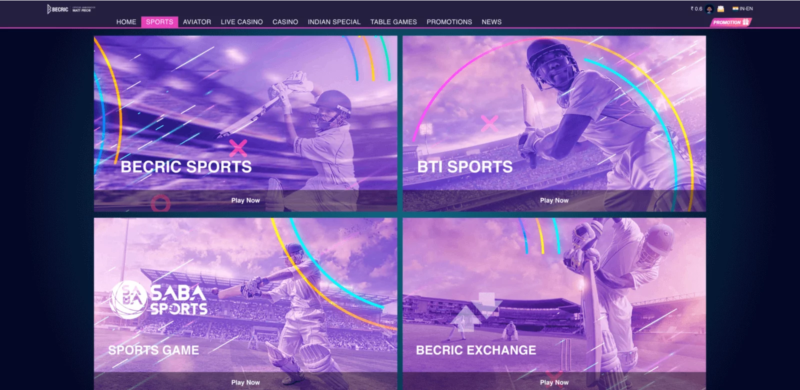 Sports betting section at Becric India
