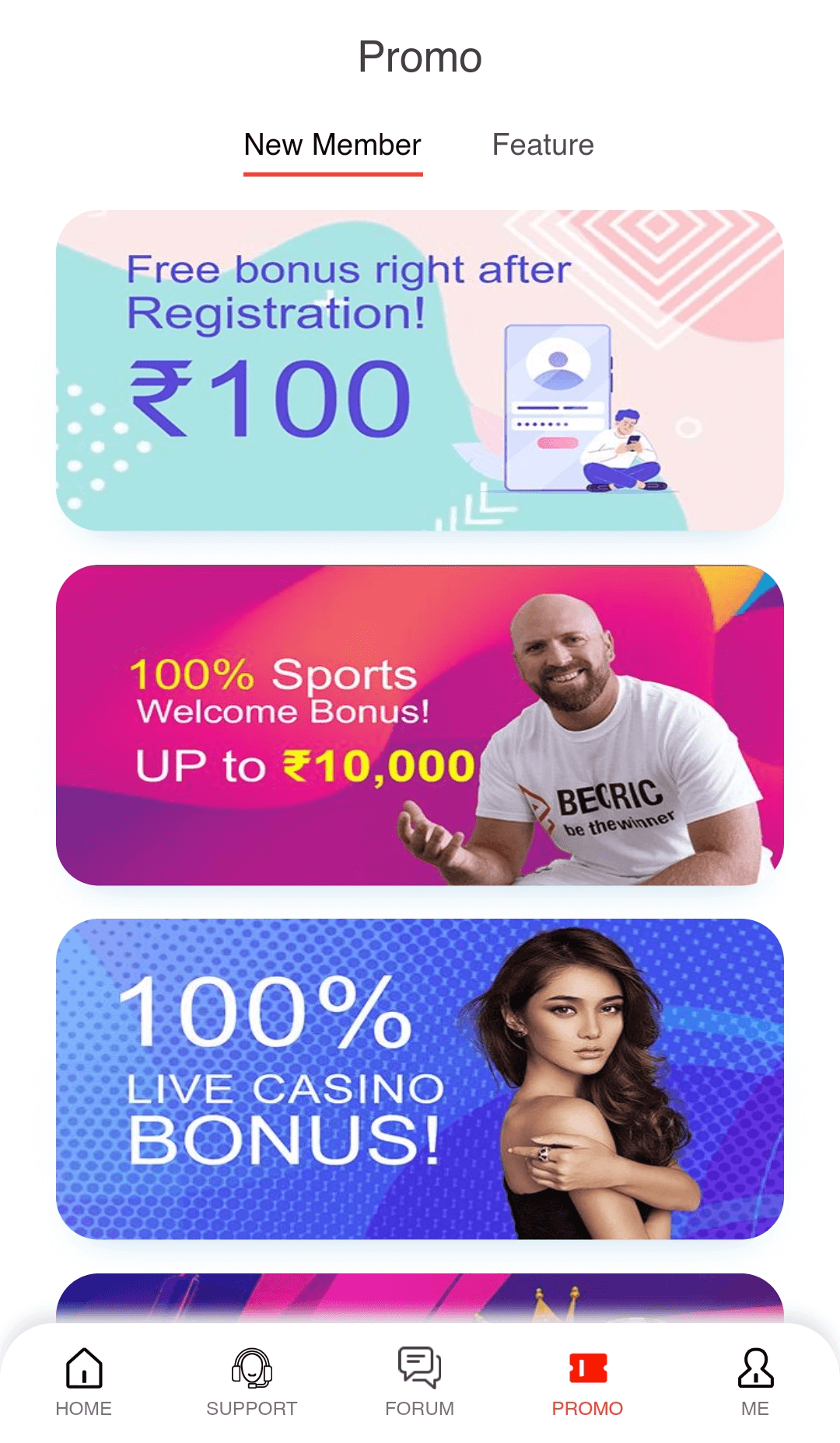 A tab with Becric bonuses in the mobile app
