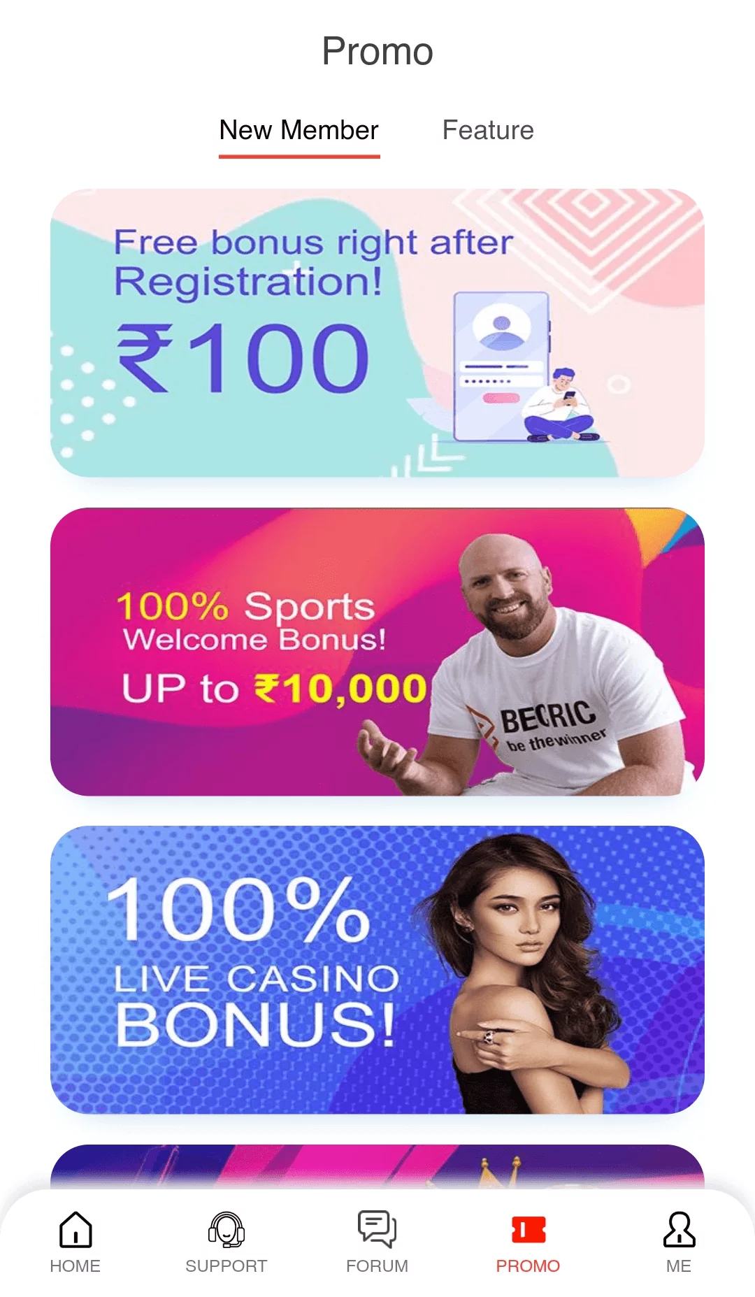 A tab with Becric bonuses in the mobile app