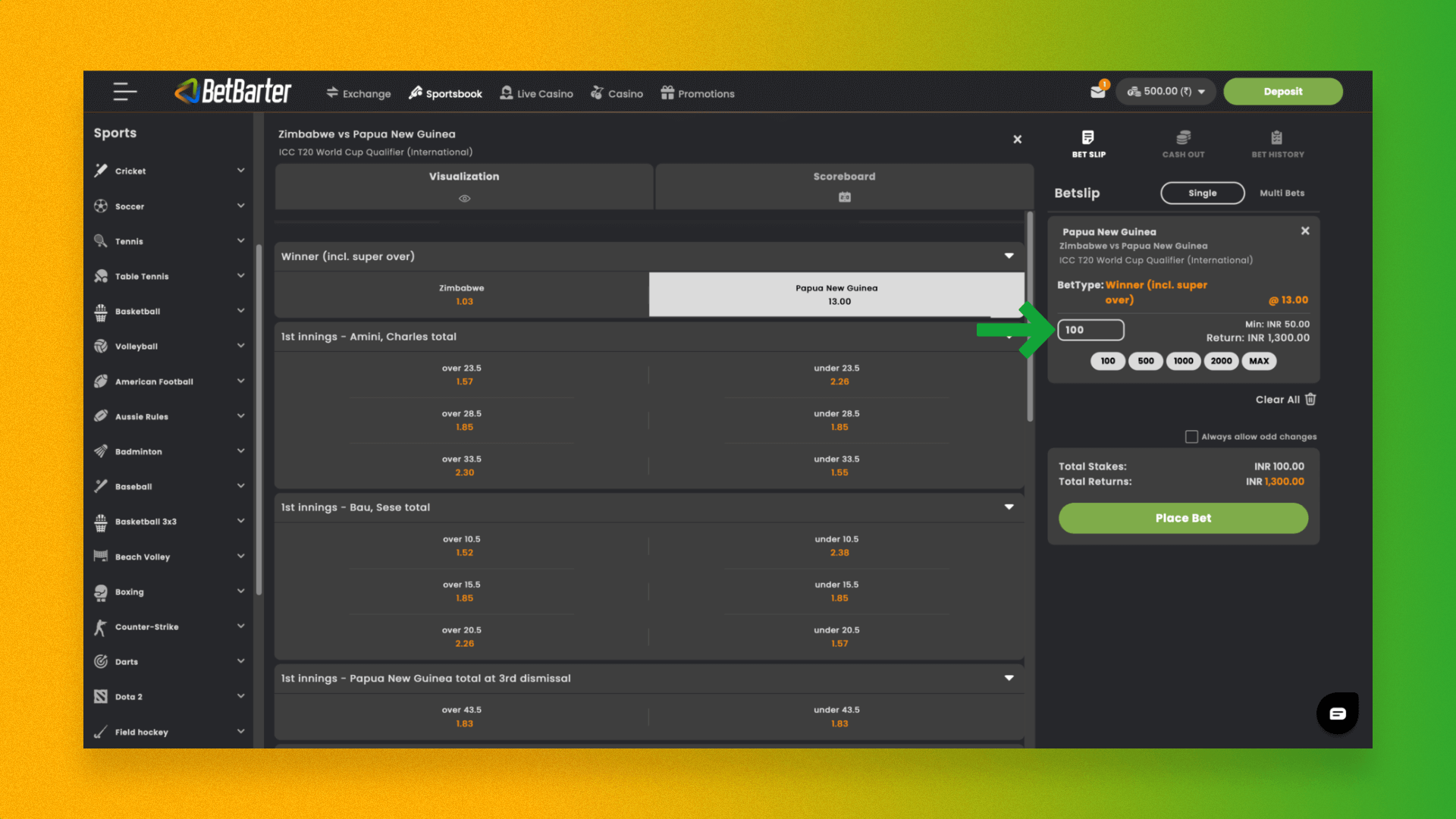 Field for entering the bet amount