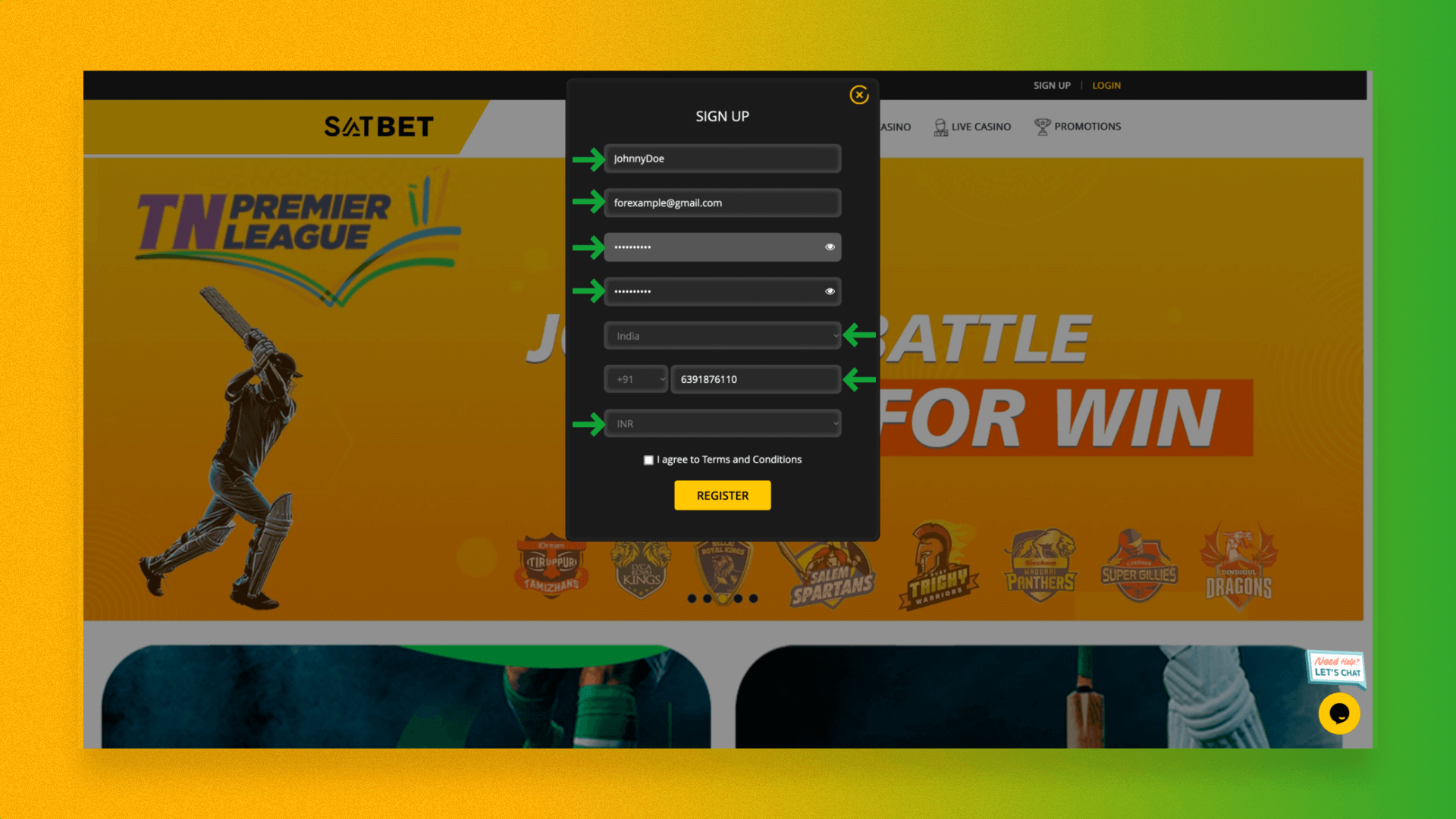 New Satbet user registration form