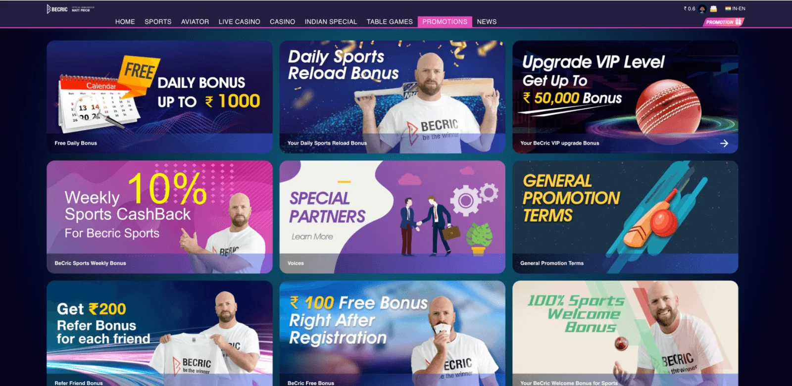Promotions & bonuses page at Becric India