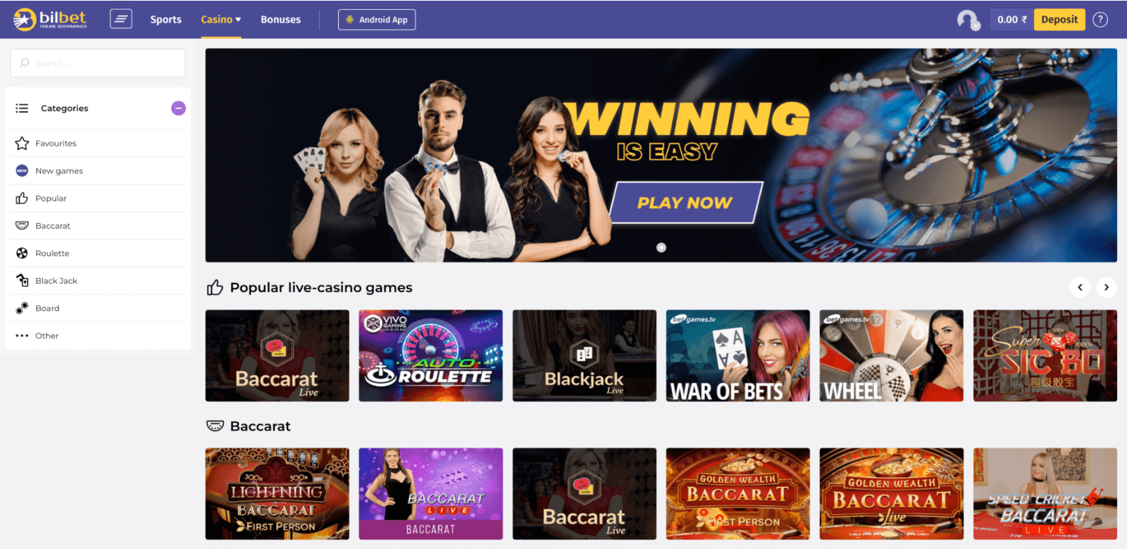 Live casino at Bilbet website