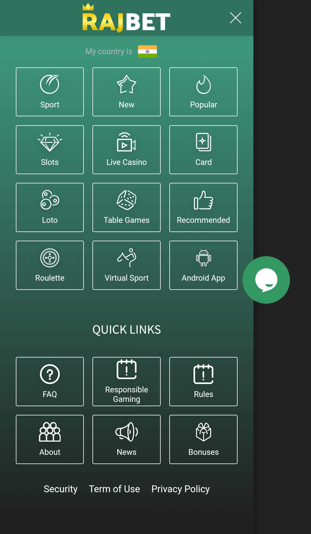 Main menu in the Rajbet app