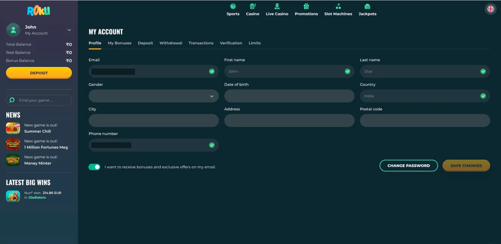 Rokubet user profile page