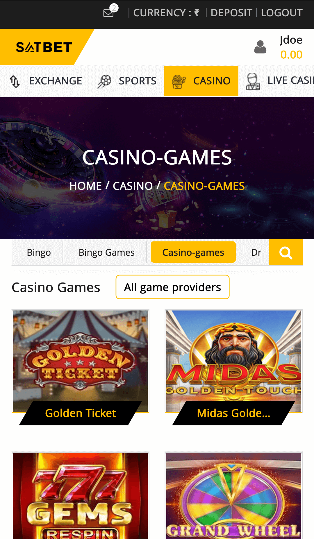 Online casino section in the Satbet app