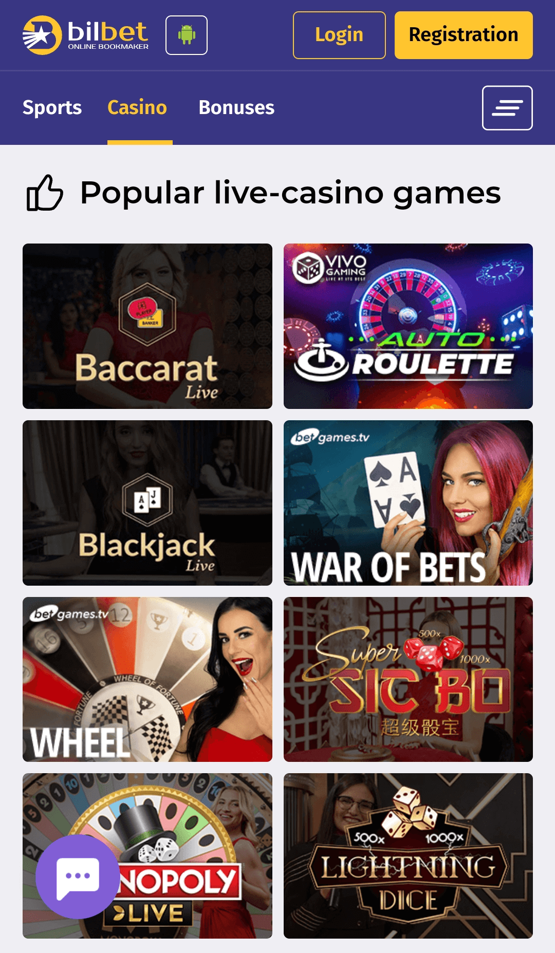 Popular live-casino games in the Bilbet app