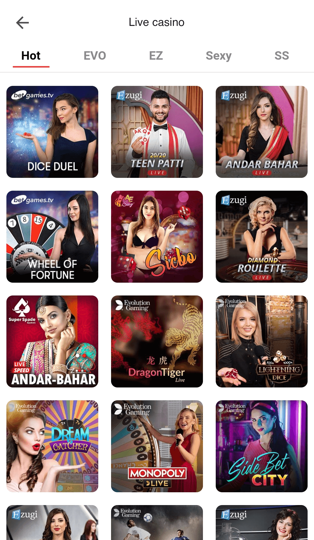 Live casino section in the Becric mobile application