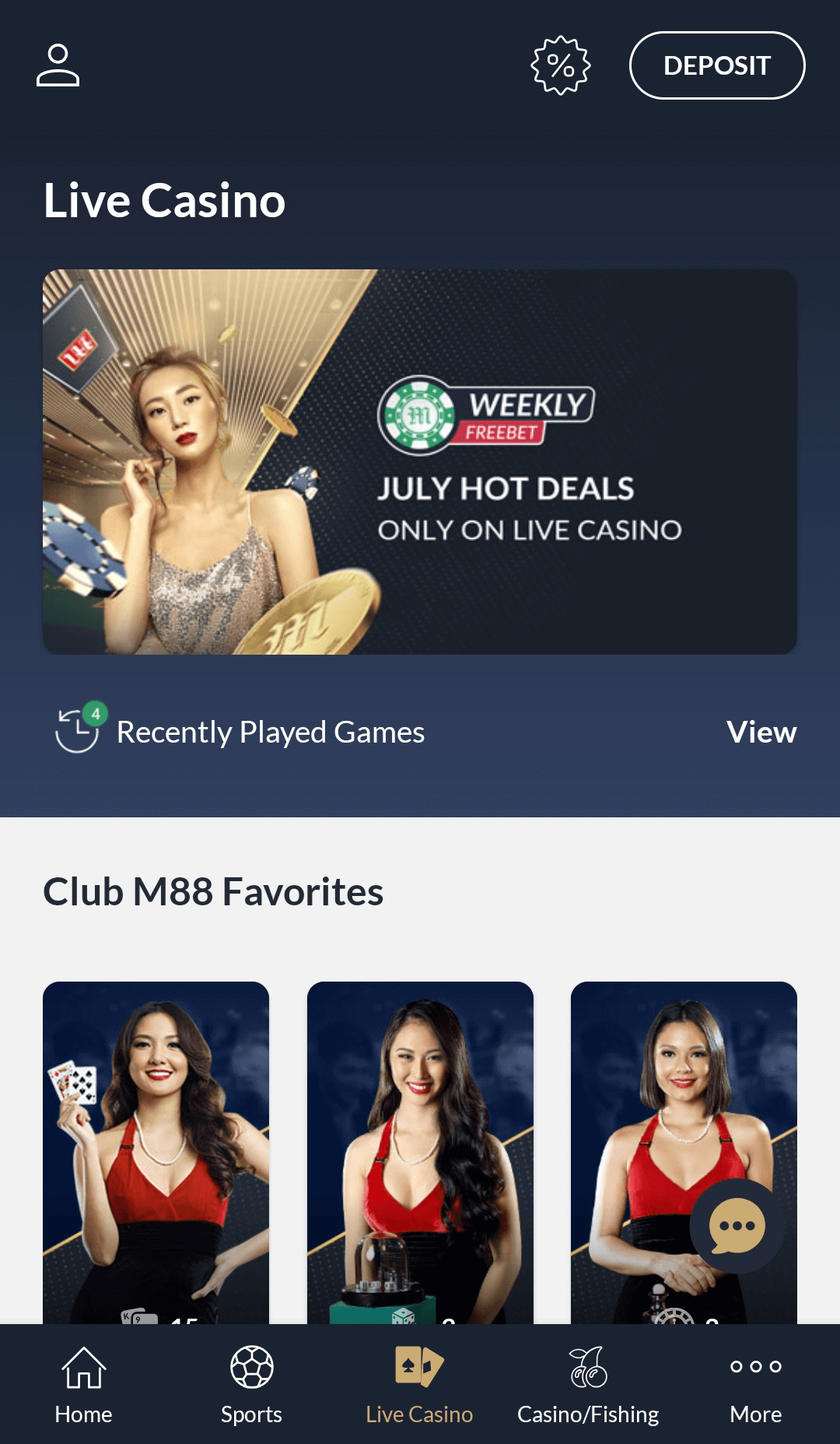 Live casino tab in the M88 mobile app