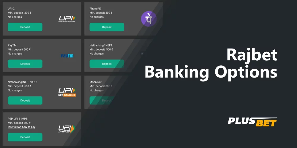 List of available payment methods on the Rajbet website