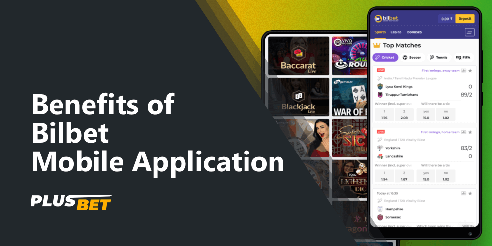 Casino and sports betting sections in the Bilbet app