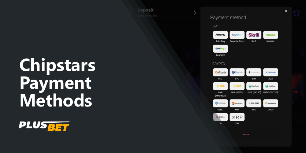 List of available payment methods on the Chipstars website for players from India