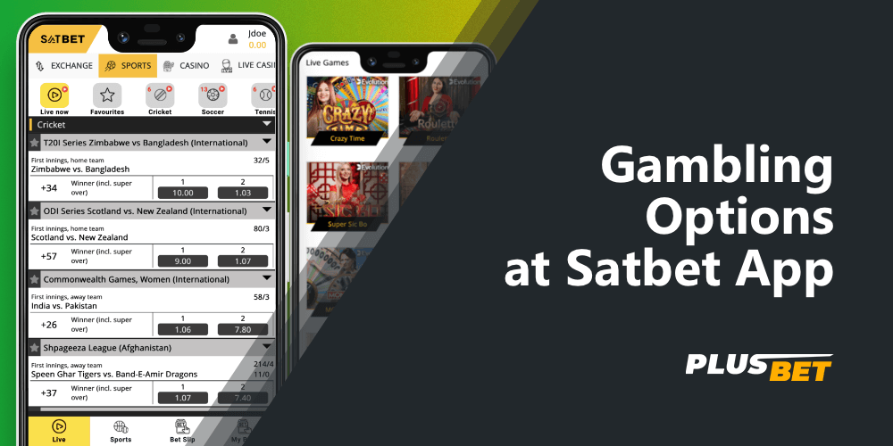 Sports betting & live casino sections in the Satbet app