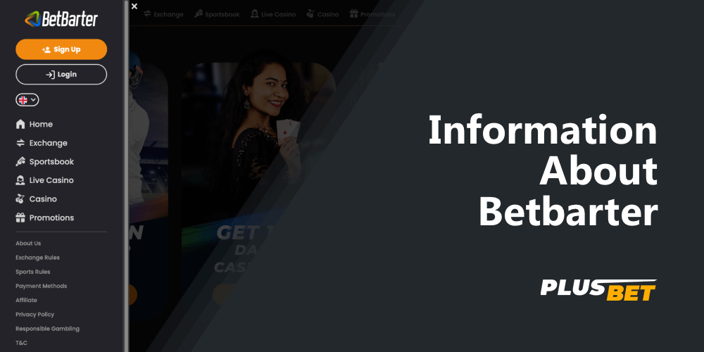 Main menu on the Betbarter website