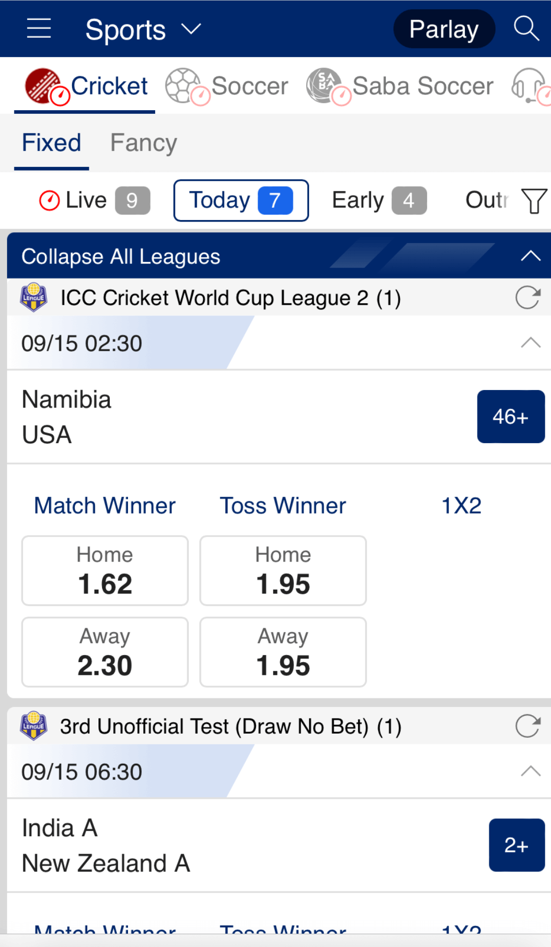 Screenshot of the Sportsbook section in the ICCWIN app