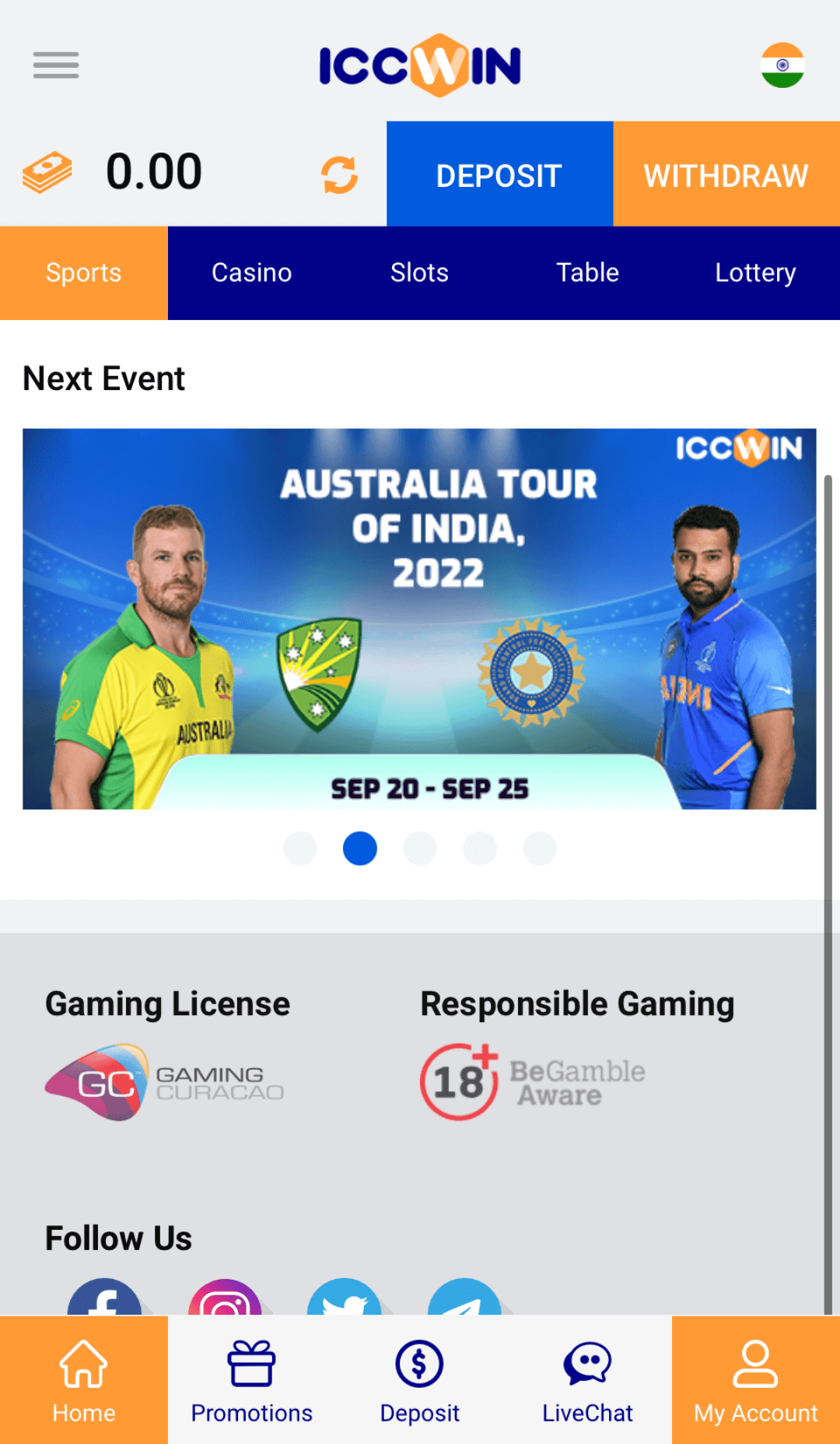 Home section of ICCWIN mobile app