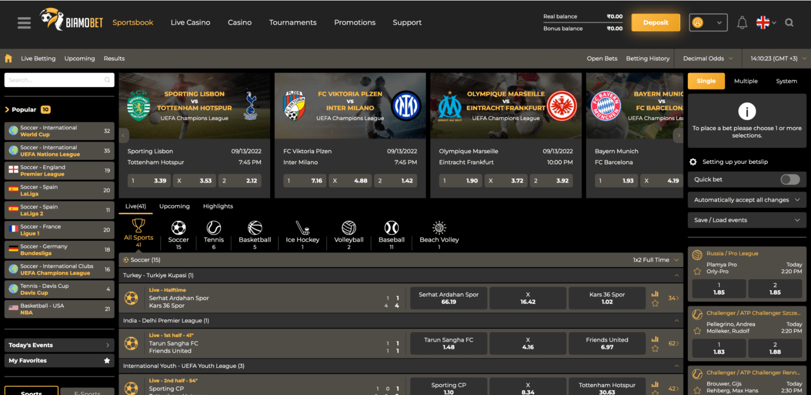 Sportsbook page at Biaomobet website