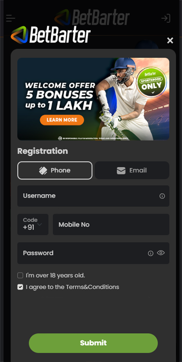 Registration form in the Betbarter app