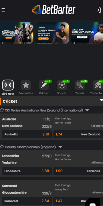 Sportsbook section in the Betbarter app