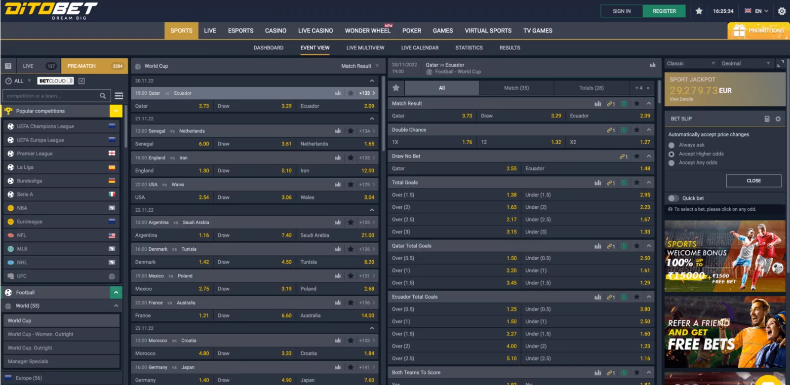 Sports betting section at Ditobet official website