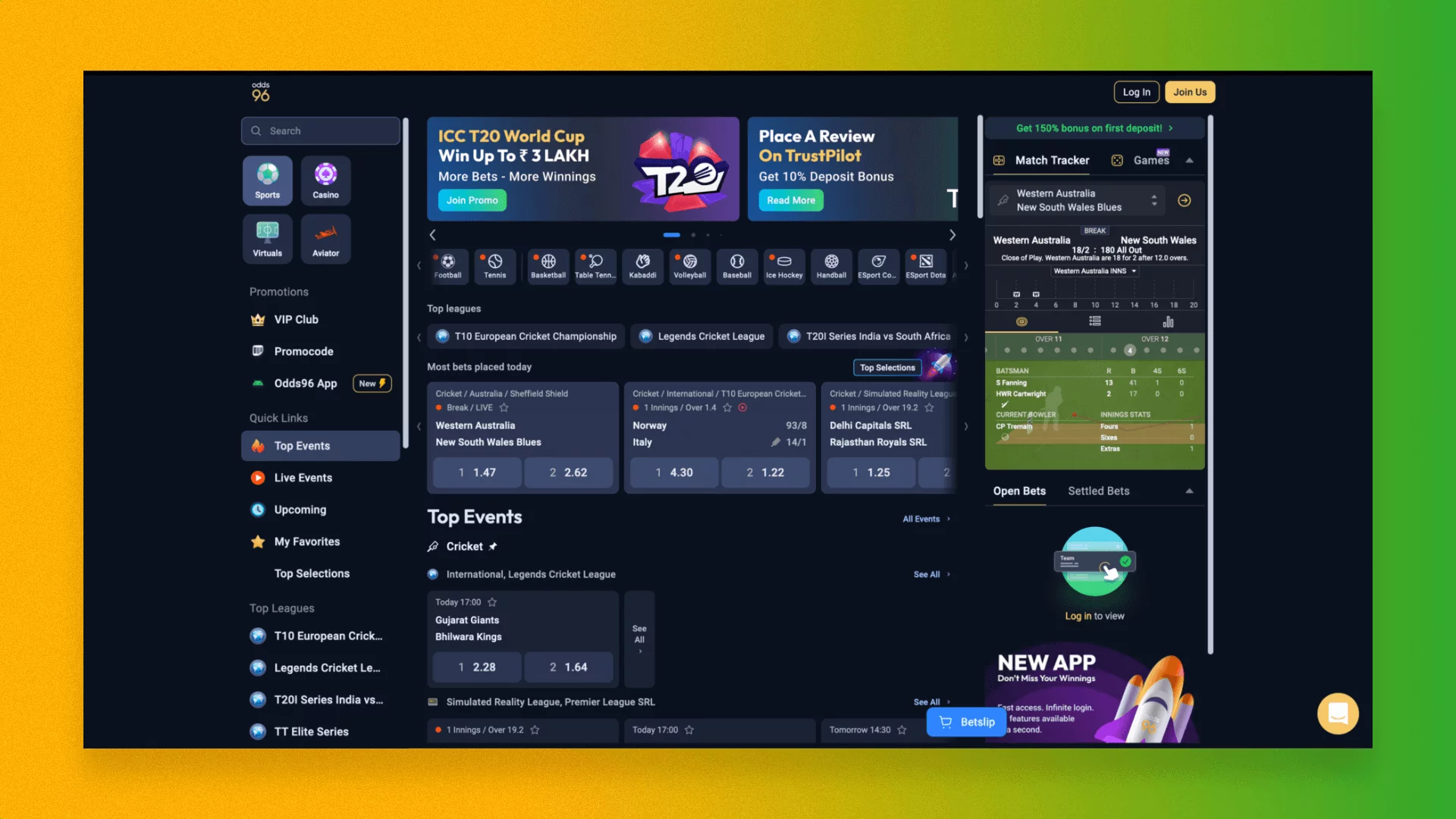 New user registration on the Odds96 website