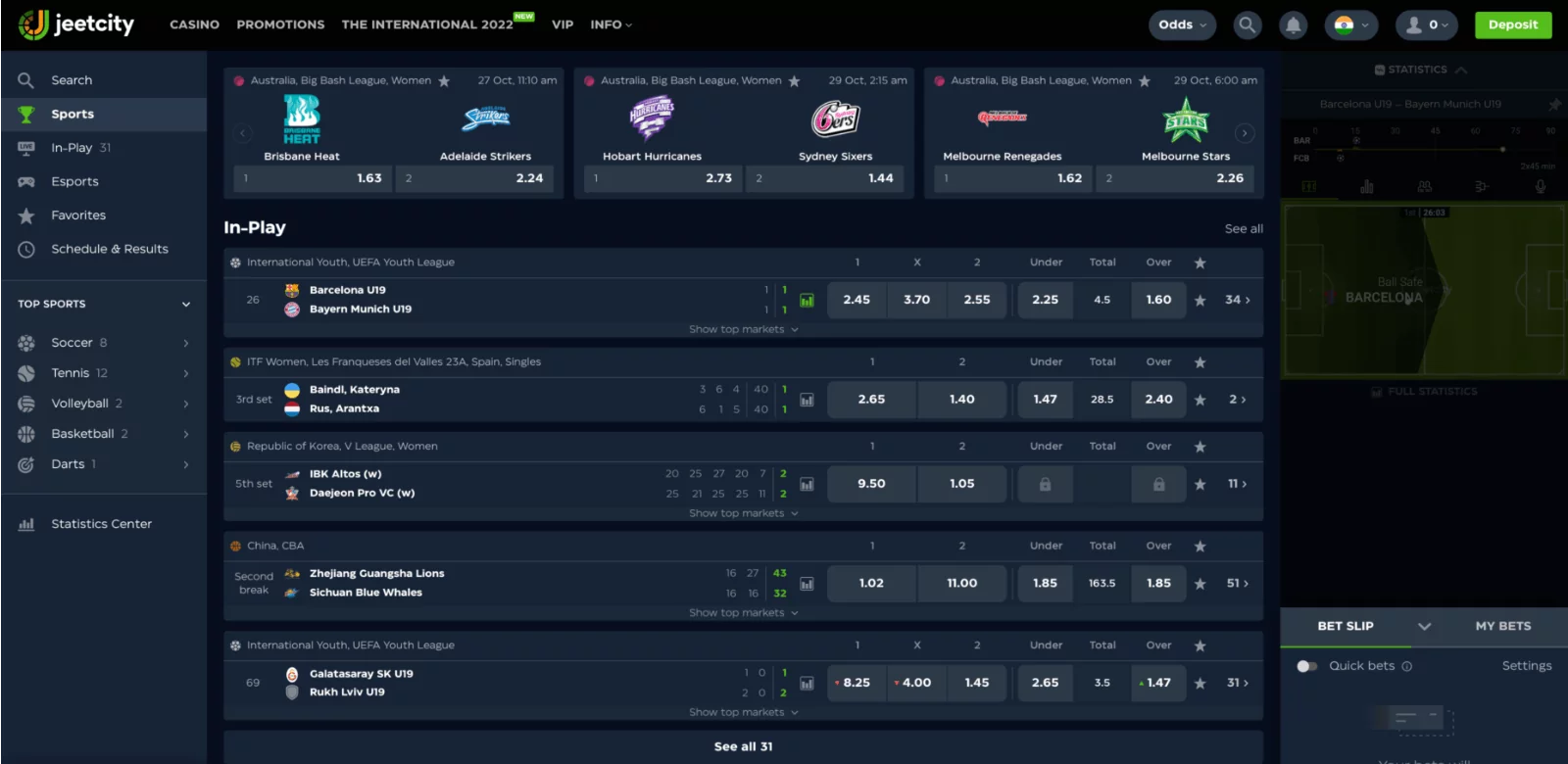 Sportsbook section at Jeetcity website for legal betting in India