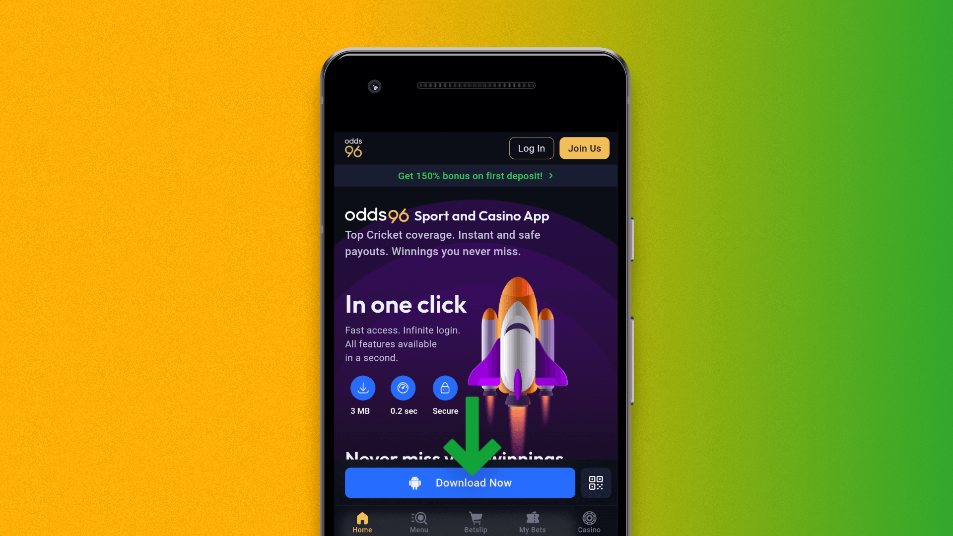 Downloading the Odds96 app takes literally seconds