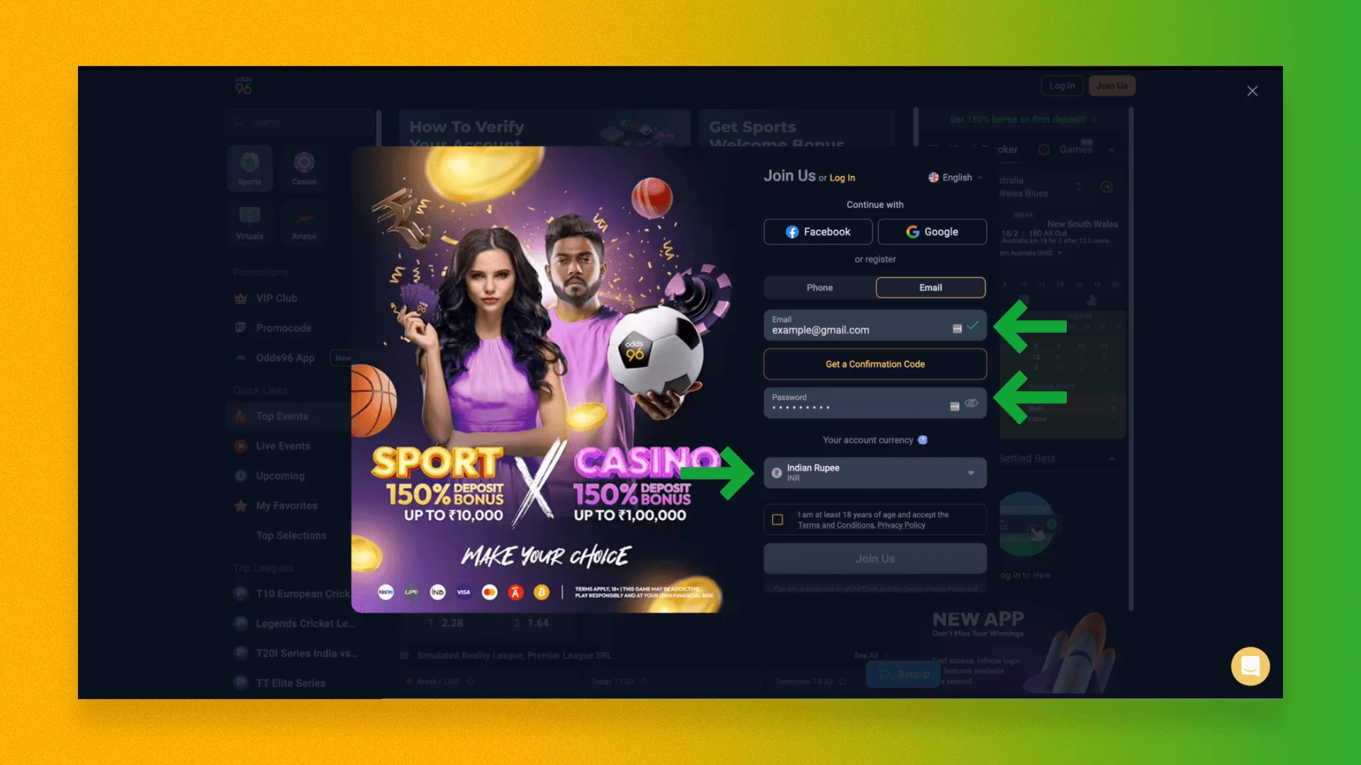 It is necessary to fill in the registration form to create an Odds96 account